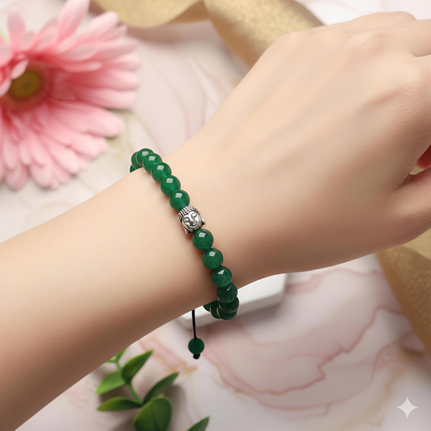 Natural Green Jade Buddha Pendant Thread Bracelet for Good Luck & Protection